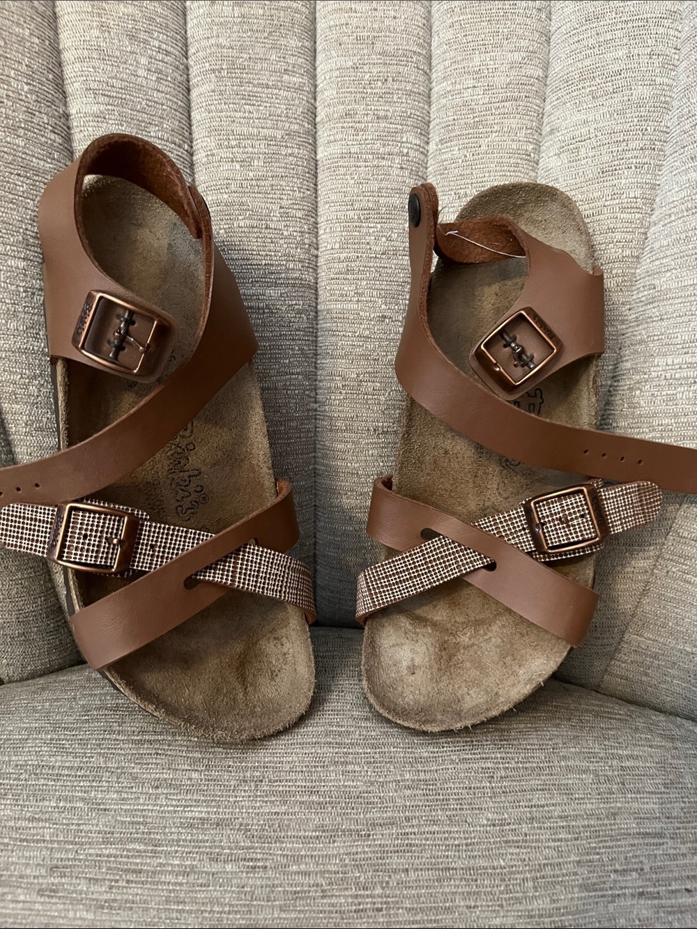 Birkenstock Brown Leather Strappy Sandals with Patterned Accents